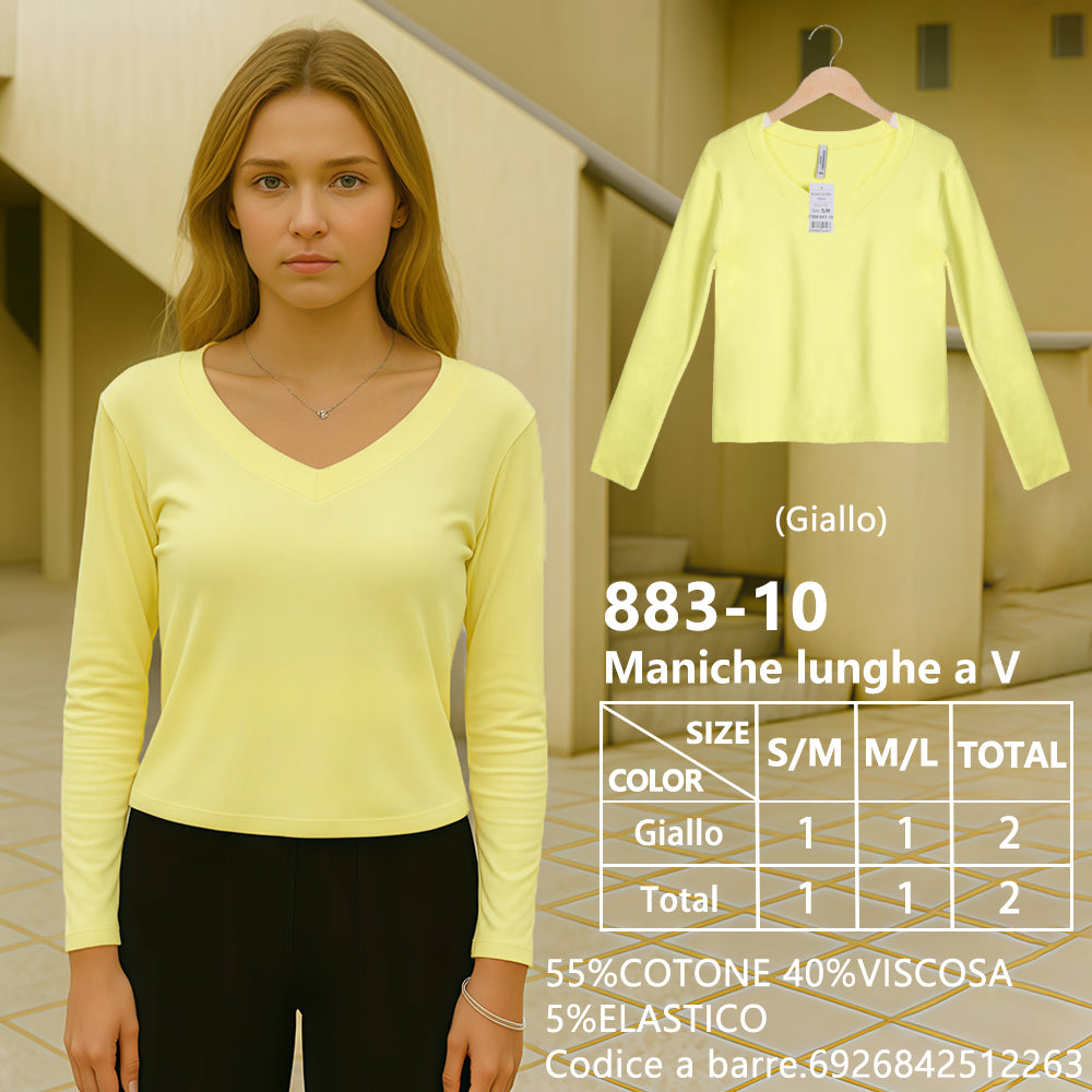 Maglia Manica Lunga Slim Corto Scollo a V a Costine Giallo