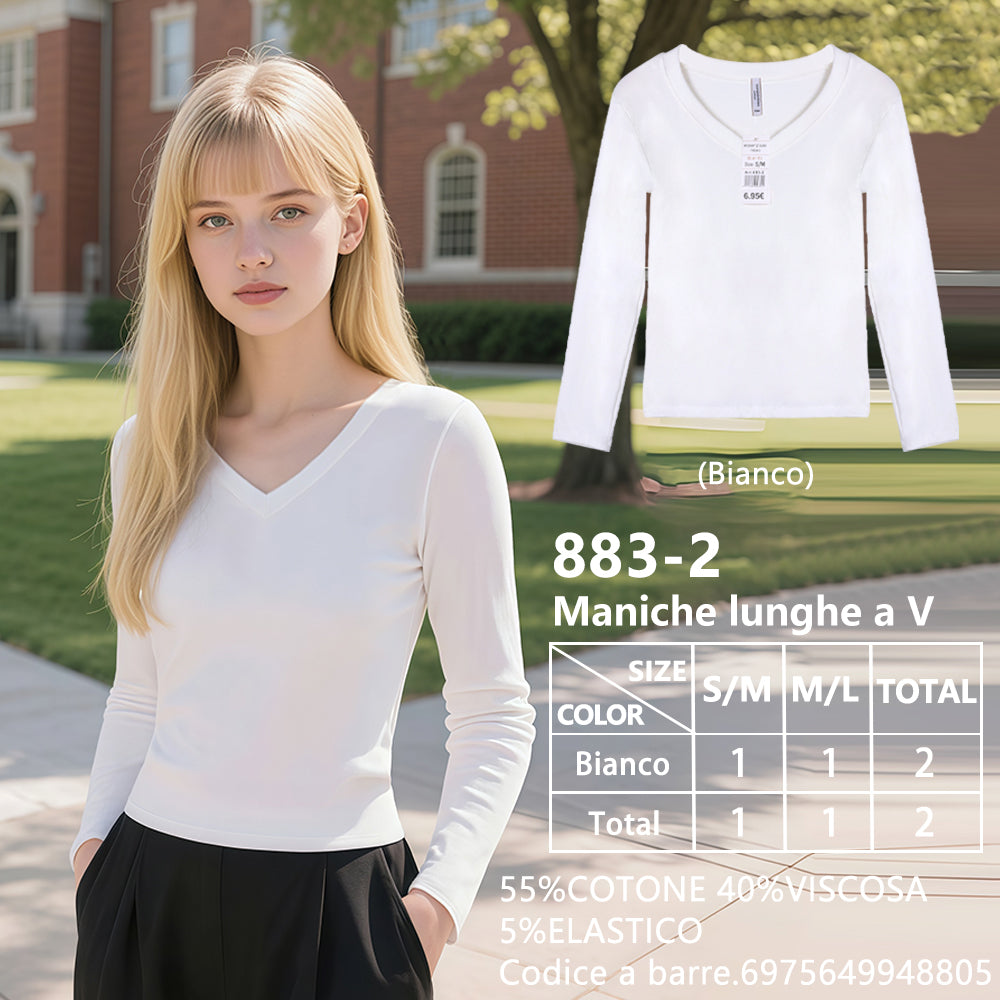 Maglia Manica Lunga Slim Corto Scollo a V a Costine Bianco