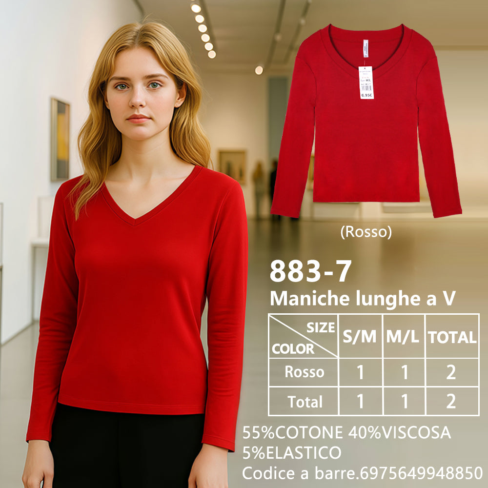 Maglia Manica Lunga Slim Corto Scollo a V a Costine Rosso
