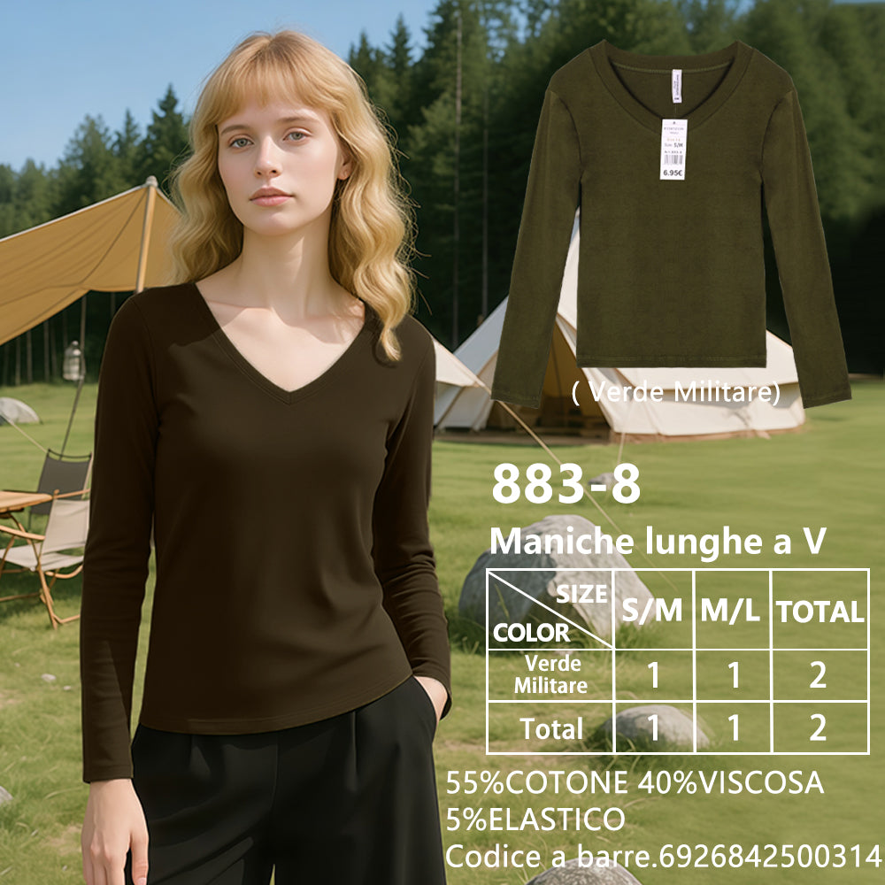 Maglia Manica Lunga Slim Corto Scollo a V a Costine Verde