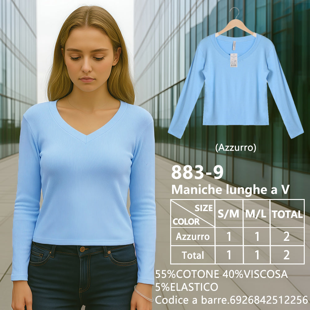 Maglia Manica Lunga Slim Corto Scollo a V a Costine Blu