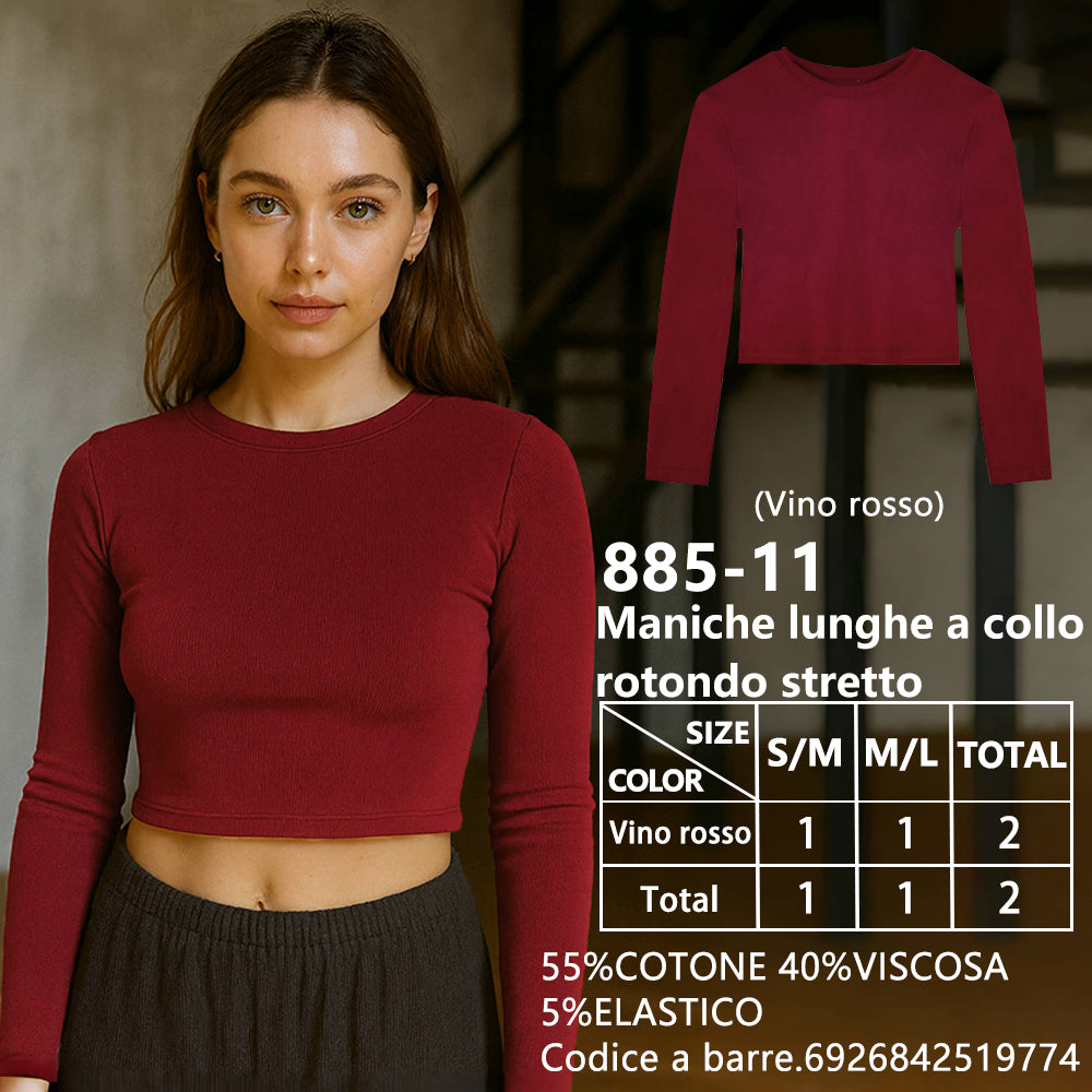 Maglia Manica Lunga Aderente Corto Girocollo a Costine Rosso