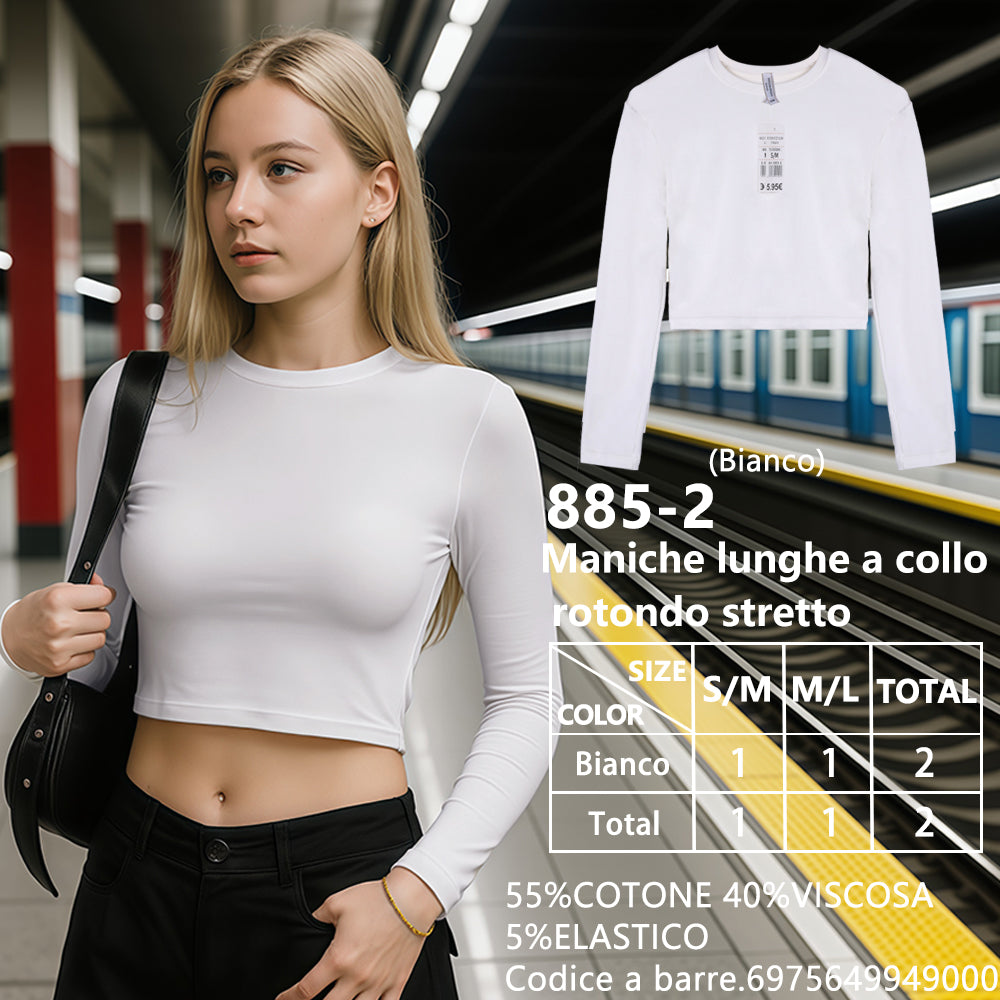 Maglia Manica Lunga Aderente Corto Girocollo a Costine Bianco