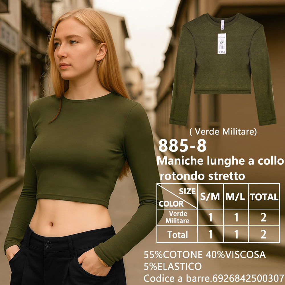 Maglia Manica Lunga Aderente Corto Girocollo a Costine Verde