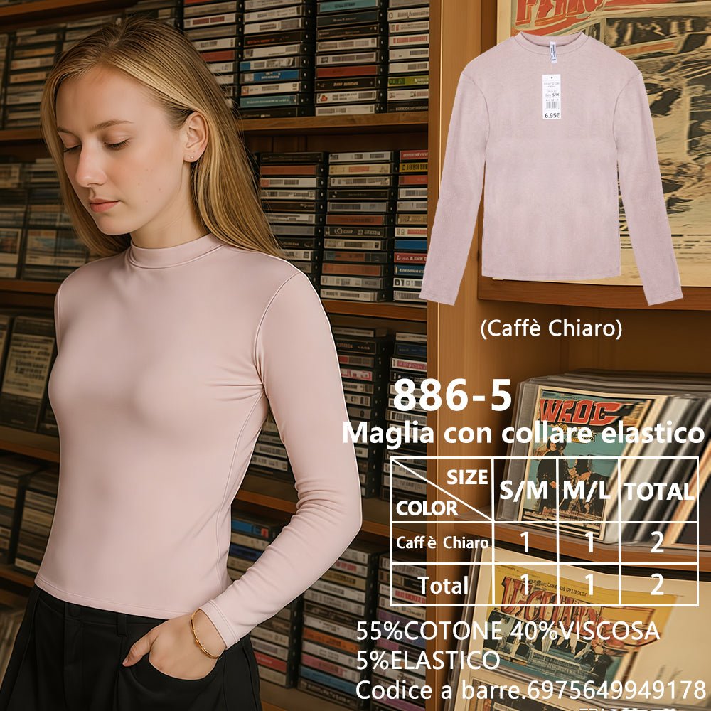 Maglia Slim Collo Alto a Costine Marrone Scuro