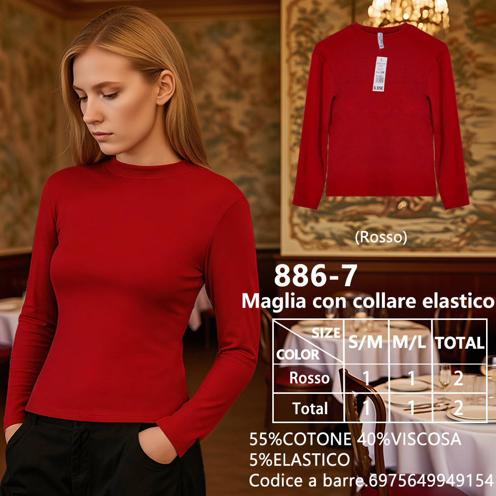 Maglia Slim Collo Alto a Costine Rosso