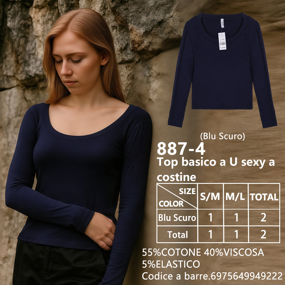 Maglia Scollo a U a Costine Blu Navy