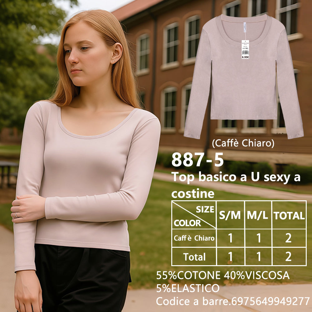 Maglia Scollo a U a Costine Marrone Scuro