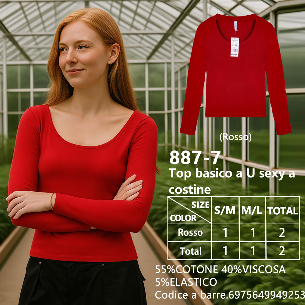 Maglia Scollo a U a Costine Rosso