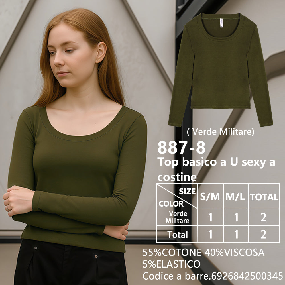 Maglia Scollo a U a Costine Verde