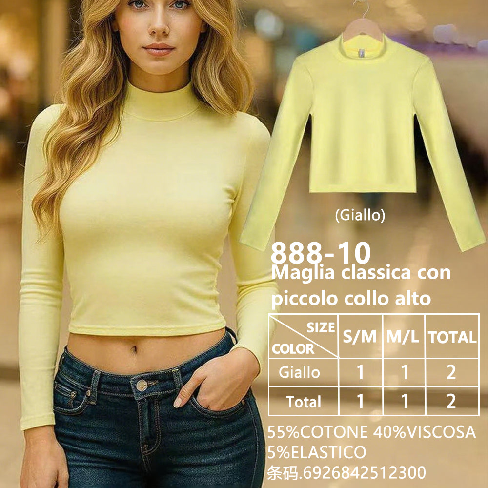 Maglia Collo Alto Piccolo Corto Collo Alto a Costine Giallo