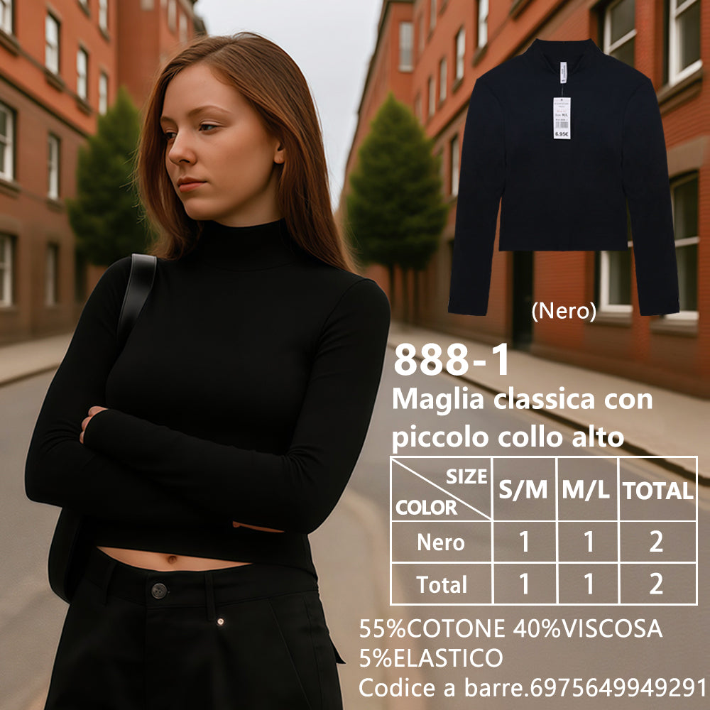 Maglia Collo Alto Piccolo Corto Collo Alto a Costine Nero