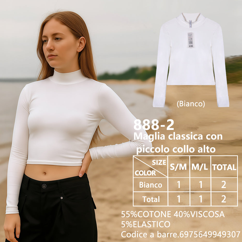 Maglia Collo Alto Piccolo Corto Collo Alto a Costine Bianco
