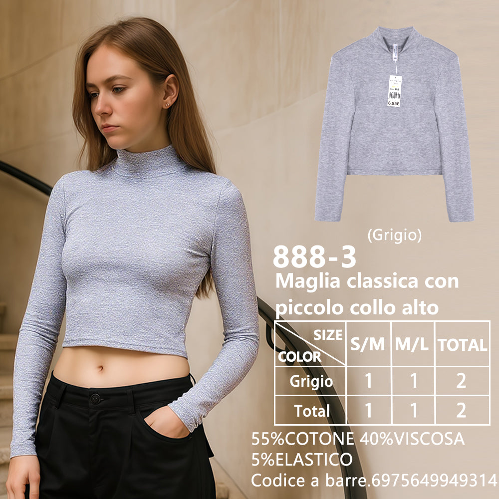 Maglia Collo Alto Piccolo Corto Collo Alto a Costine Grigio