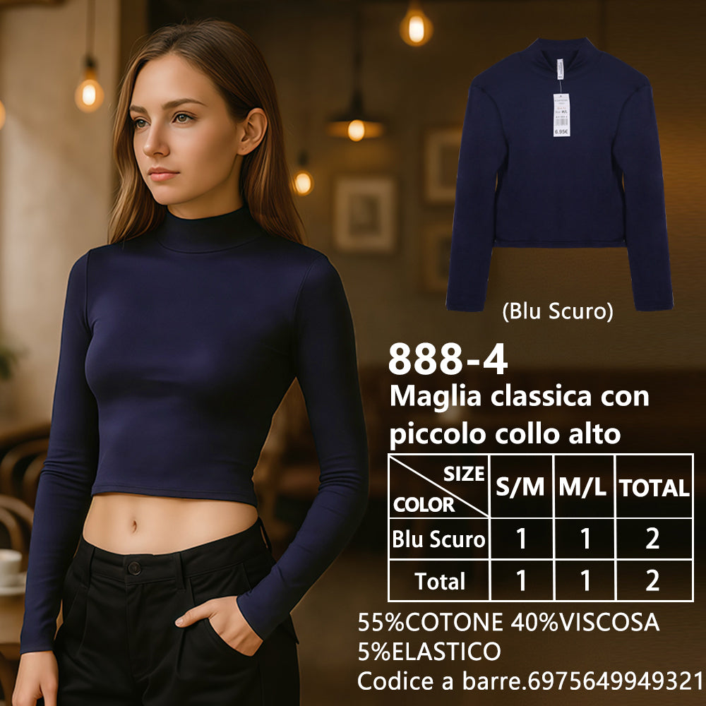 Maglia Collo Alto Piccolo Corto Collo Alto a Costine Blu Navy