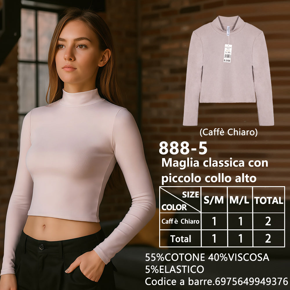 Maglia Collo Alto Piccolo Corto Collo Alto a Costine caffe chiaro