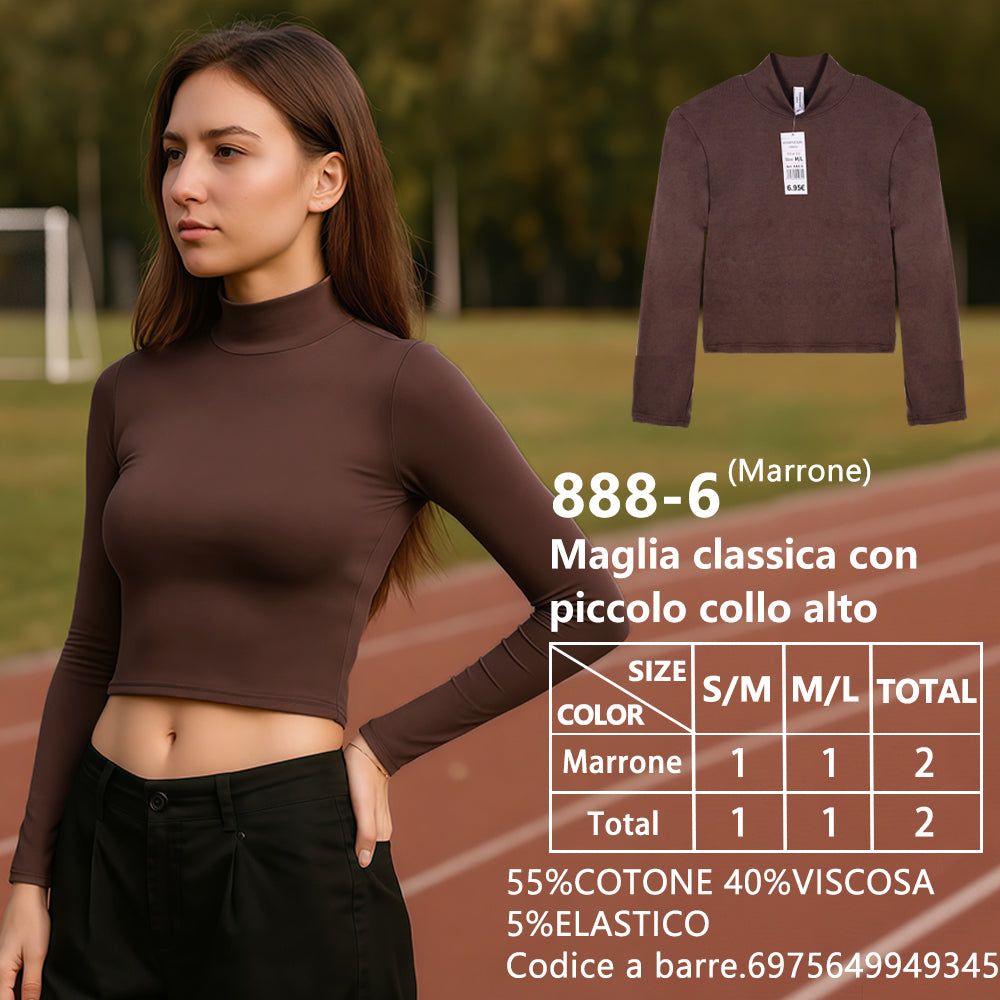 Maglia Collo Alto Piccolo Corto Collo Alto a Costine Marrone