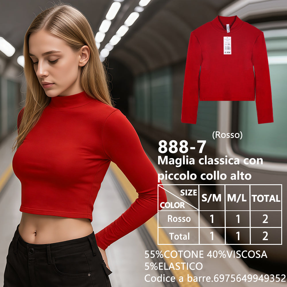 Maglia Collo Alto Piccolo Corto Collo Alto a Costine Rosso