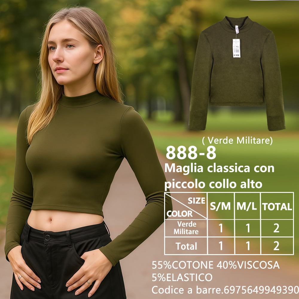 Maglia Collo Alto Piccolo Corto Collo Alto a Costine Verde