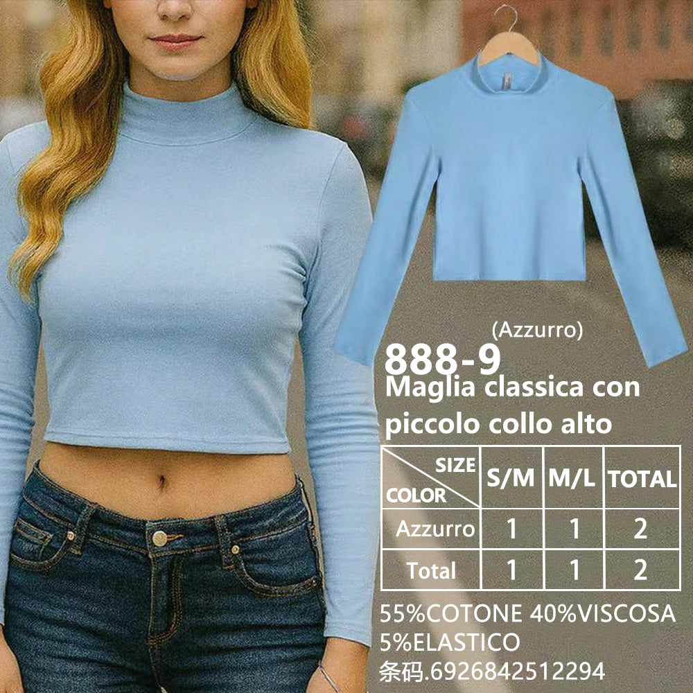 Maglia Collo Alto Piccolo Corto Collo Alto a Costine Blu