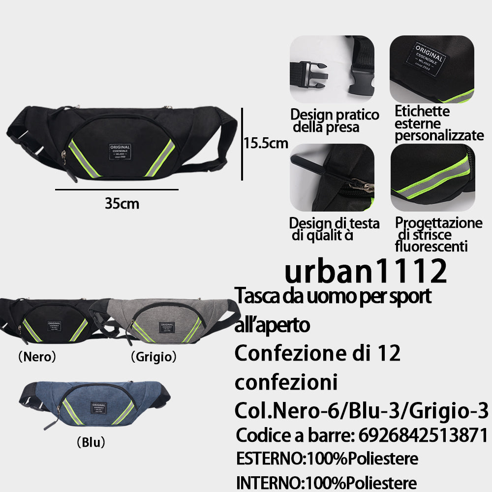Marsupio Outdoor Sport da Uomo Nero/Blu/Grigio - (Colori Assortiti) (35×15.5 Cm)