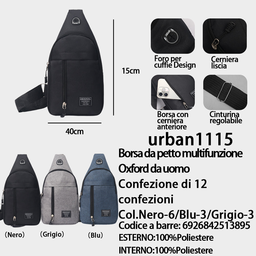 Marsupio in Tessuto Oxford Multifunzione da Uomo Nero/Blu/Grigio - (Colori Assortiti) (20×29 Cm)