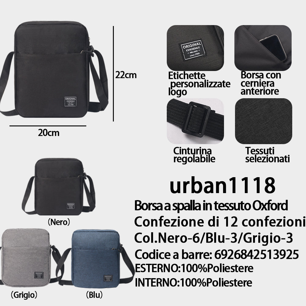 Borsa a Spalla in Tessuto Oxford Nero/Blu/Grigio - (Colori Assortiti) (22×20 Cm)