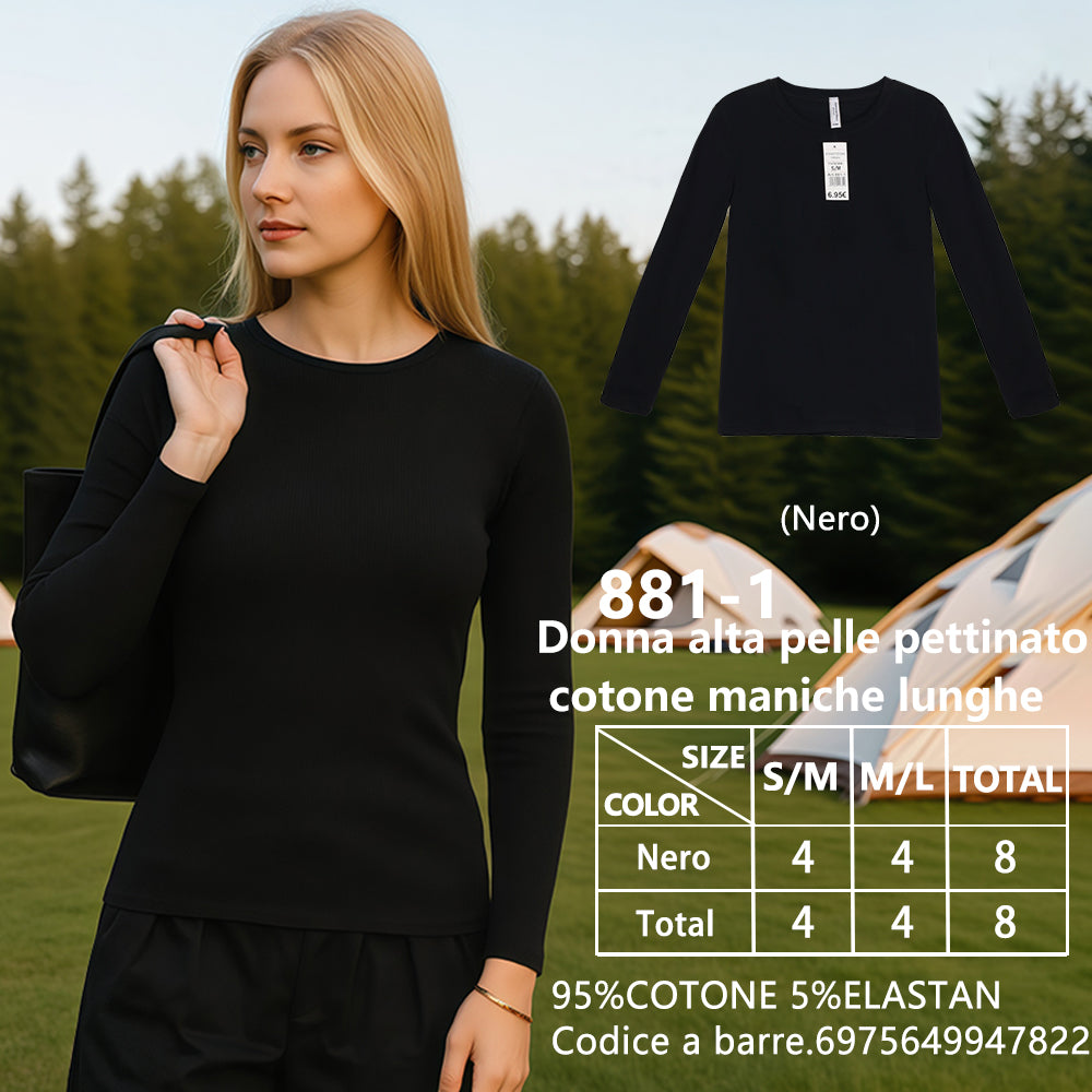 Maglia Manica Lunga in Cotone Pettinato in Cotone Elasticità Elevata Slim da Donna Nero