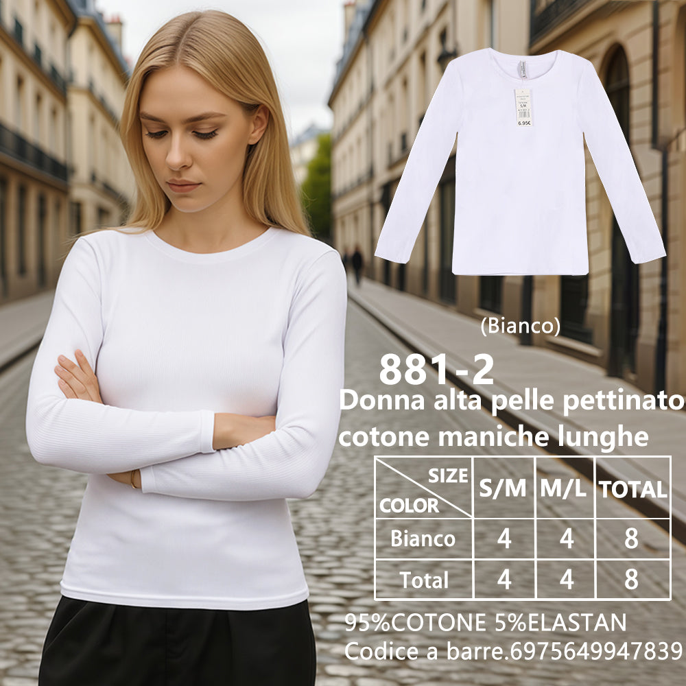 Maglia Manica Lunga in Cotone Pettinato in Cotone Elasticità Elevata Slim da Donna Bianco