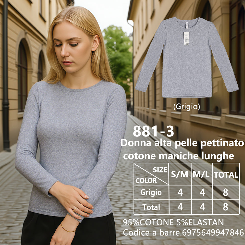 Maglia Manica Lunga in Cotone Pettinato in Cotone Elasticità Elevata Slim da Donna Grigio