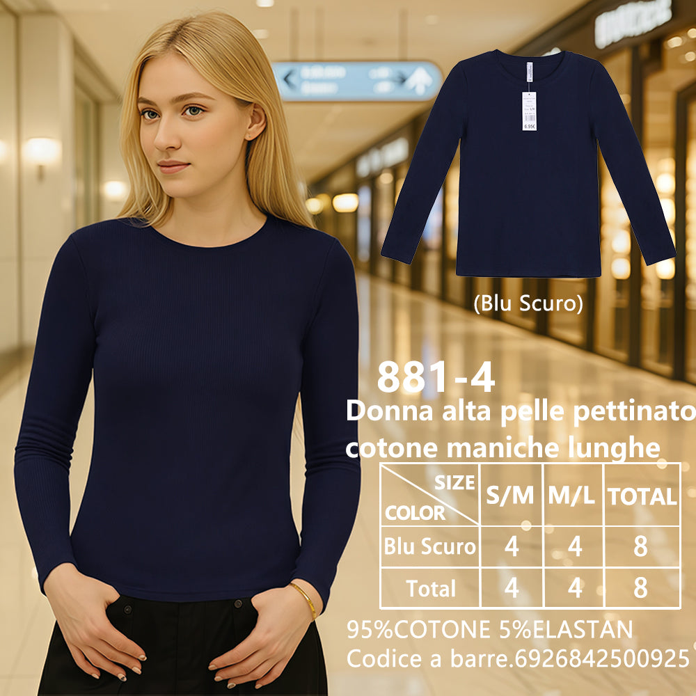 Maglia Manica Lunga in Cotone Pettinato in Cotone Elasticità Elevata Slim da Donna Blu