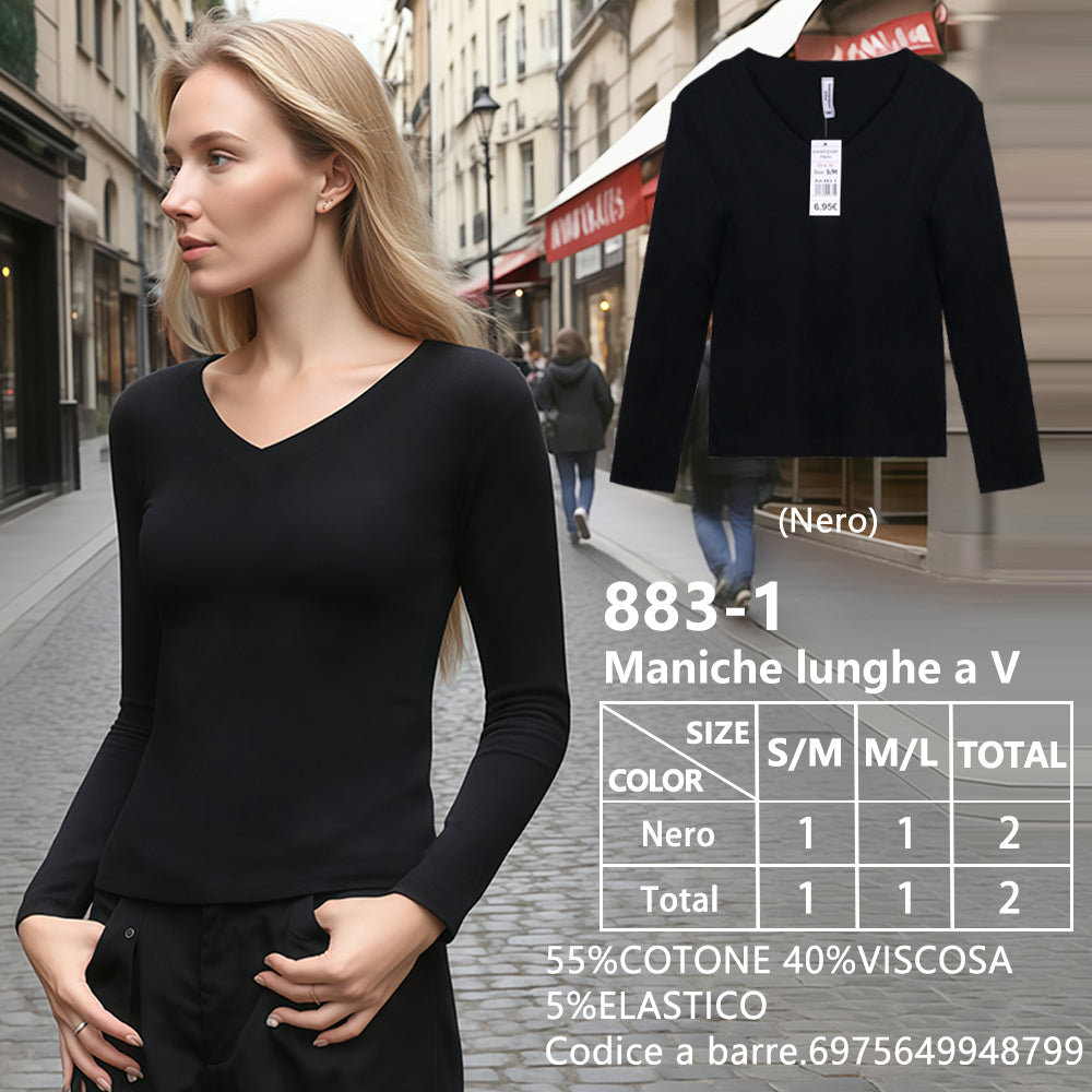 Maglia Manica Lunga Slim Corto Scollo a V a Costine Nero