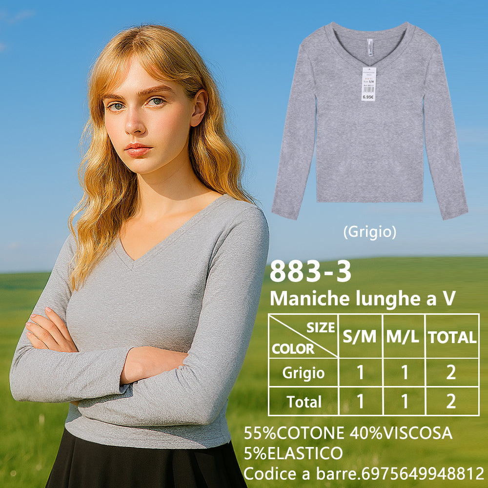 Maglia Manica Lunga Slim Corto Scollo a V a Costine Grigio