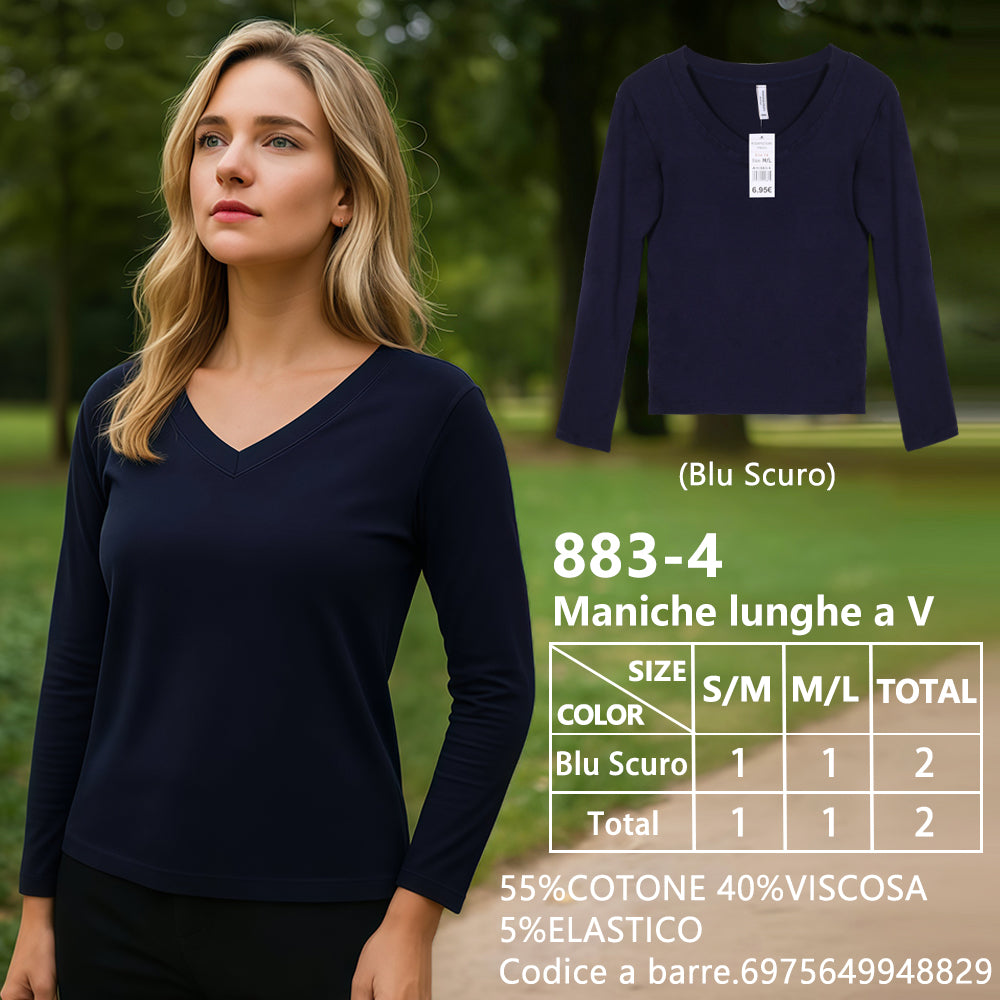 Maglia Manica Lunga Slim Corto Scollo a V a Costine Blu Navy