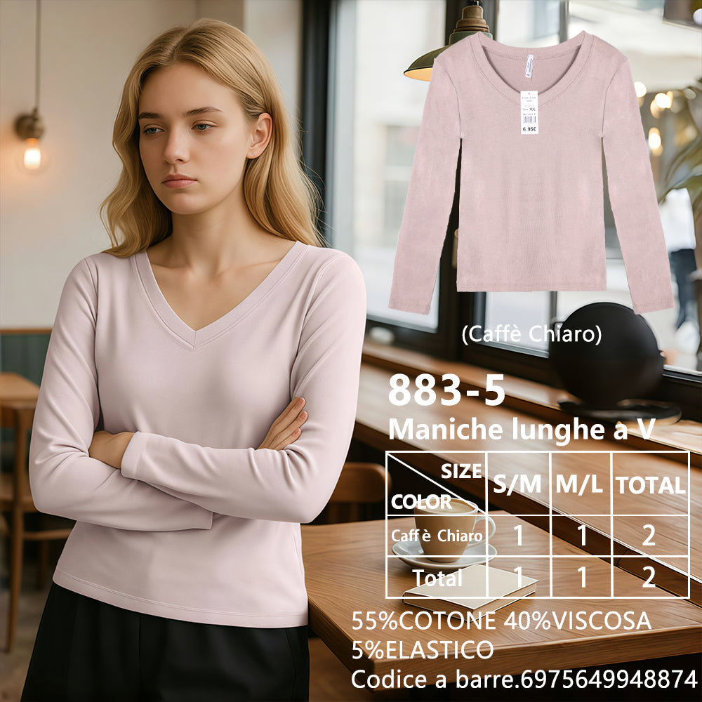 Maglia Manica Lunga Slim Corto Scollo a V a Costine
