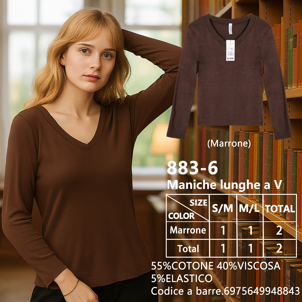 Maglia Manica Lunga Slim Corto Scollo a V a Costine Marrone