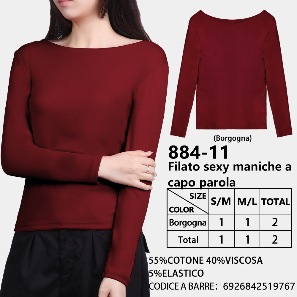 Maglia Manica Lunga Scollo a Barca Slim a Costine Rosso