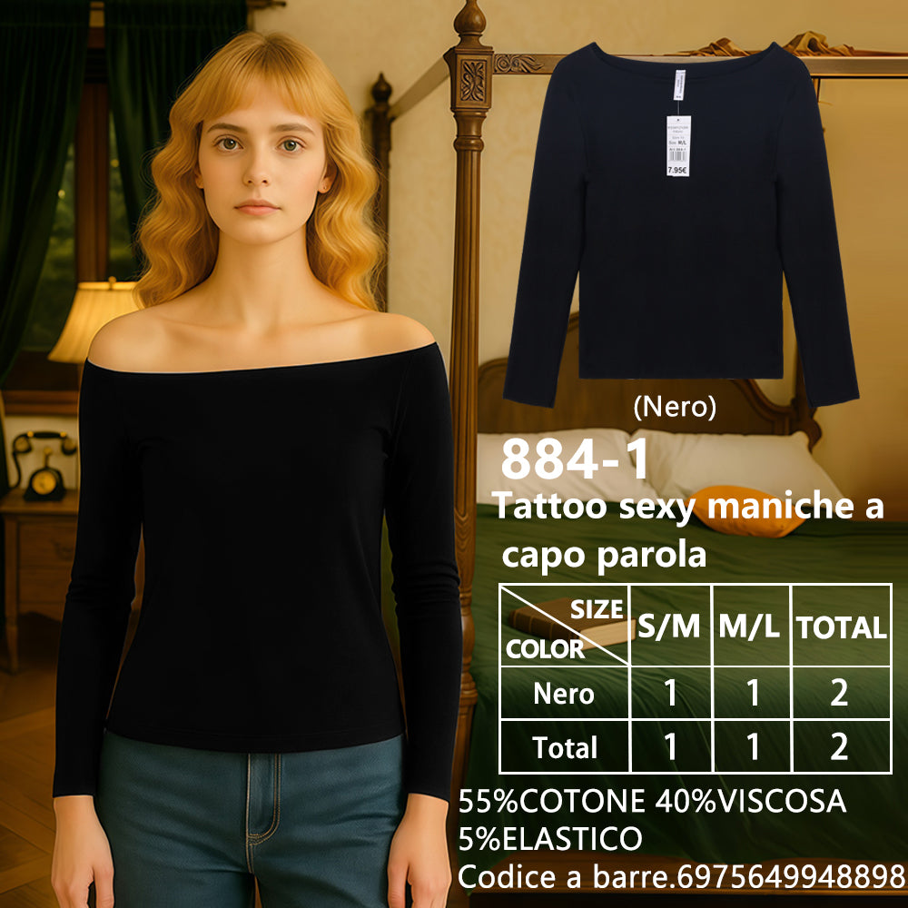 Maglia Manica Lunga Scollo a Barca Slim a Costine Nero