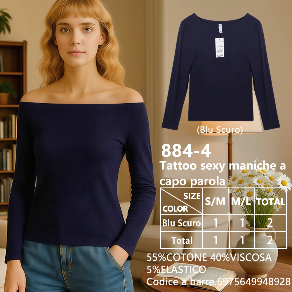 Maglia Manica Lunga Scollo a Barca Slim a Costine Blu Navy