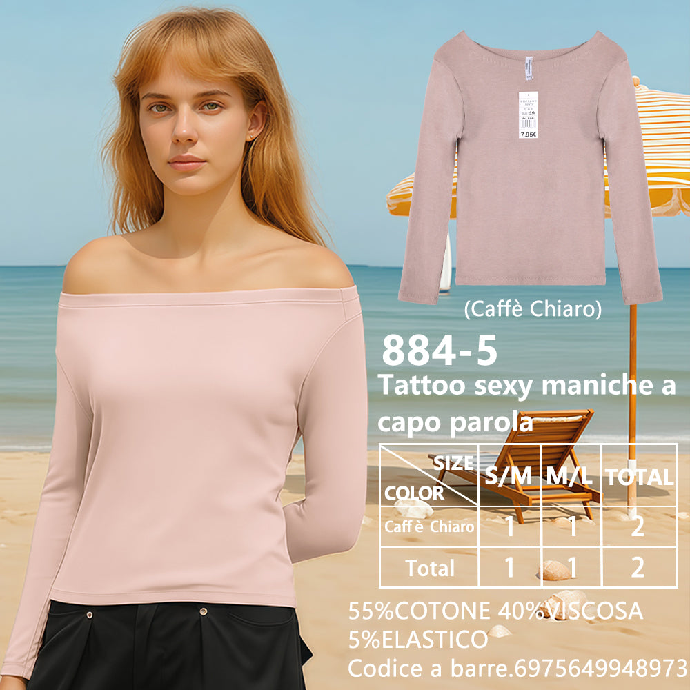 Maglia Manica Lunga Scollo a Barca Slim a Costine caffe chiaro