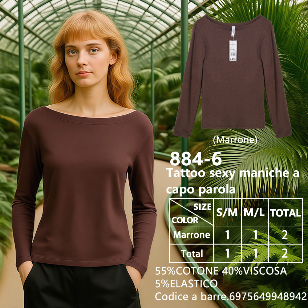 Maglia Manica Lunga Scollo a Barca Slim a Costine Marrone