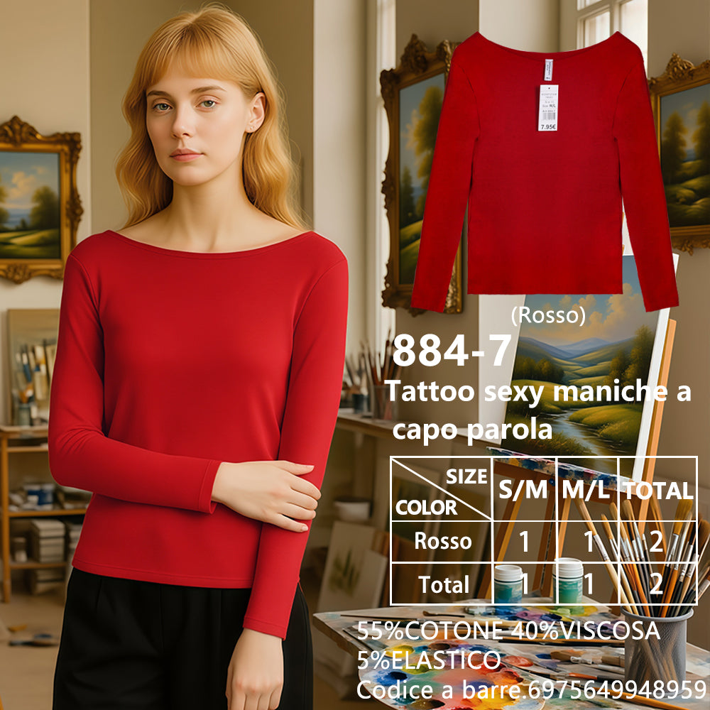 Maglia Manica Lunga Scollo a Barca Slim a Costine Rosso