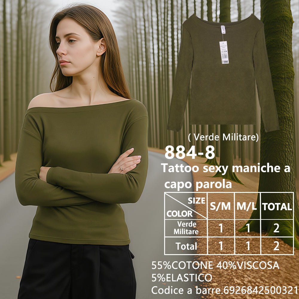 Maglia Manica Lunga Scollo a Barca Slim a Costine Verde