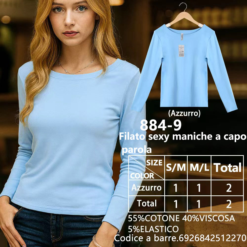 Maglia Manica Lunga Scollo a Barca Slim a Costine Blu