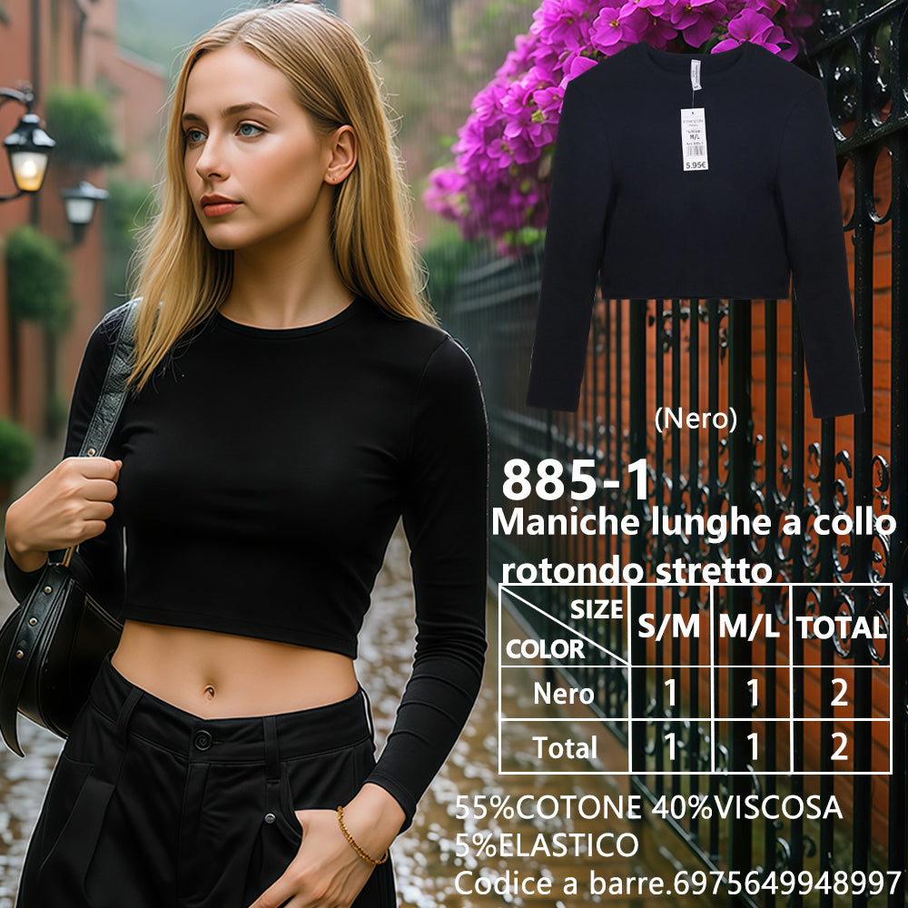 Maglia Manica Lunga Aderente Corto Girocollo a Costine Nero