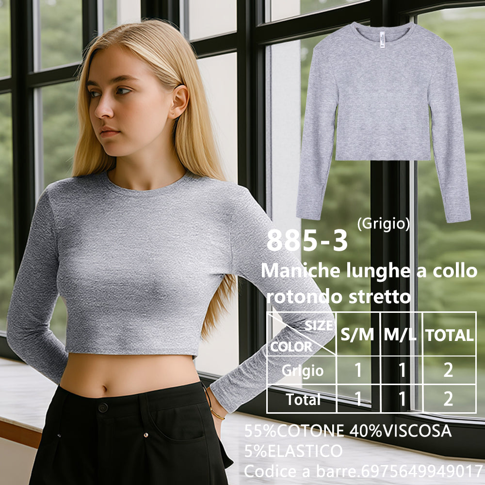Maglia Manica Lunga Aderente Corto Girocollo a Costine Grigio