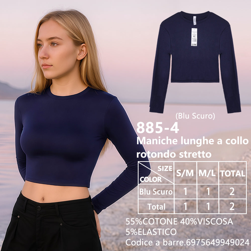 Maglia Manica Lunga Aderente Corto Girocollo a Costine Blu Navy