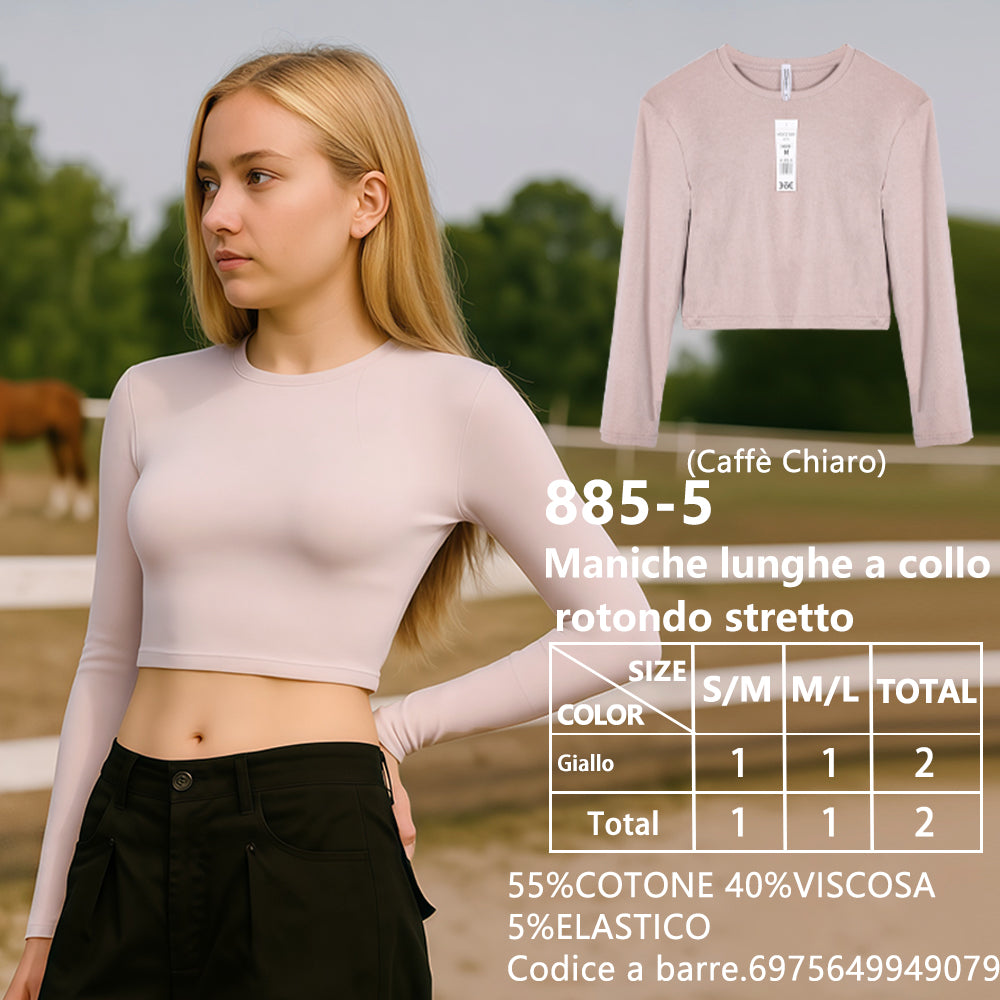 Maglia Manica Lunga Aderente Corto Girocollo a Costine caffe chiaro
