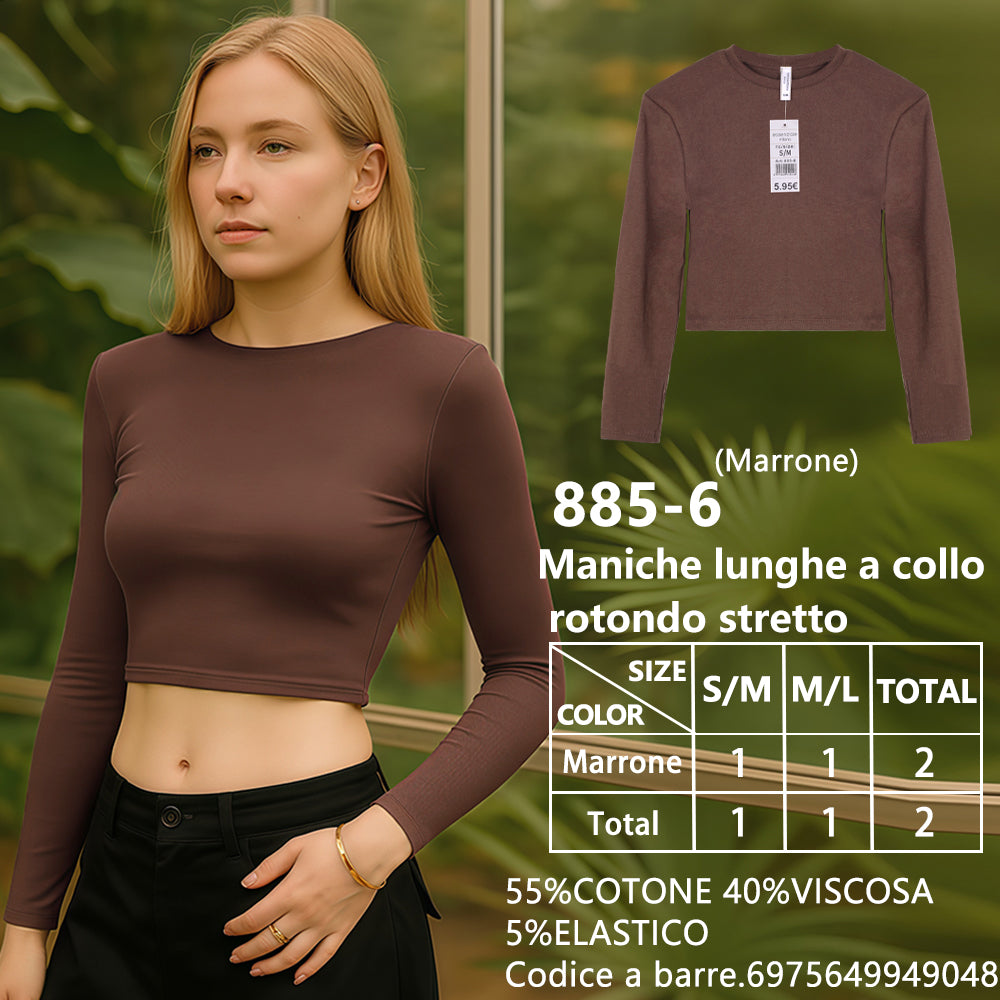 Maglia Manica Lunga Aderente Corto Girocollo a Costine Marrone