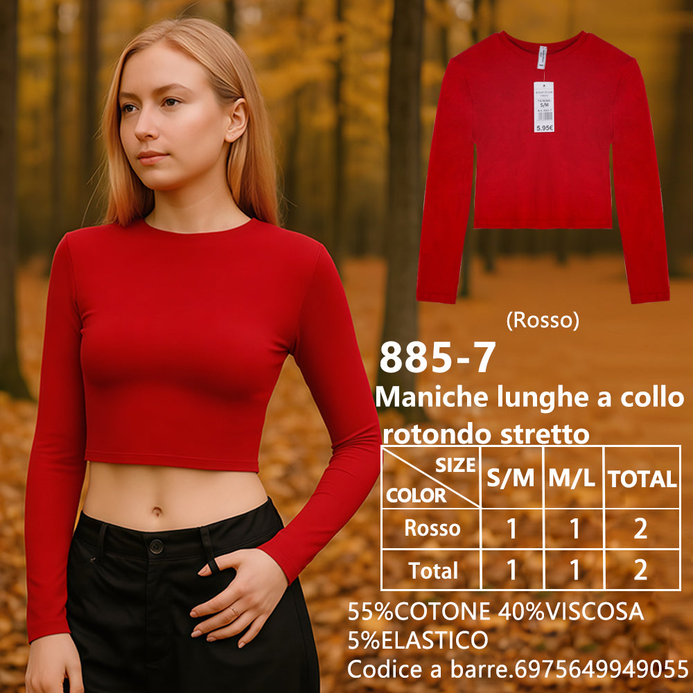 Maglia Manica Lunga Aderente Corto Girocollo a Costine Rosso